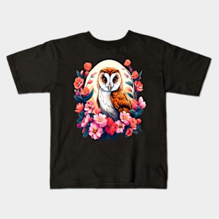 Cute European Barn Owl Surrounded by Bold Vibrant Spring Flowers Kids T-Shirt